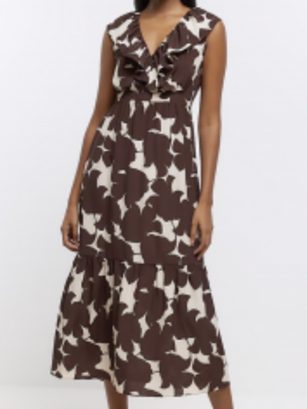 RIVER ISLAND brown & cream floral print frill tie back maxi dress Sz 8 12UK NWOT